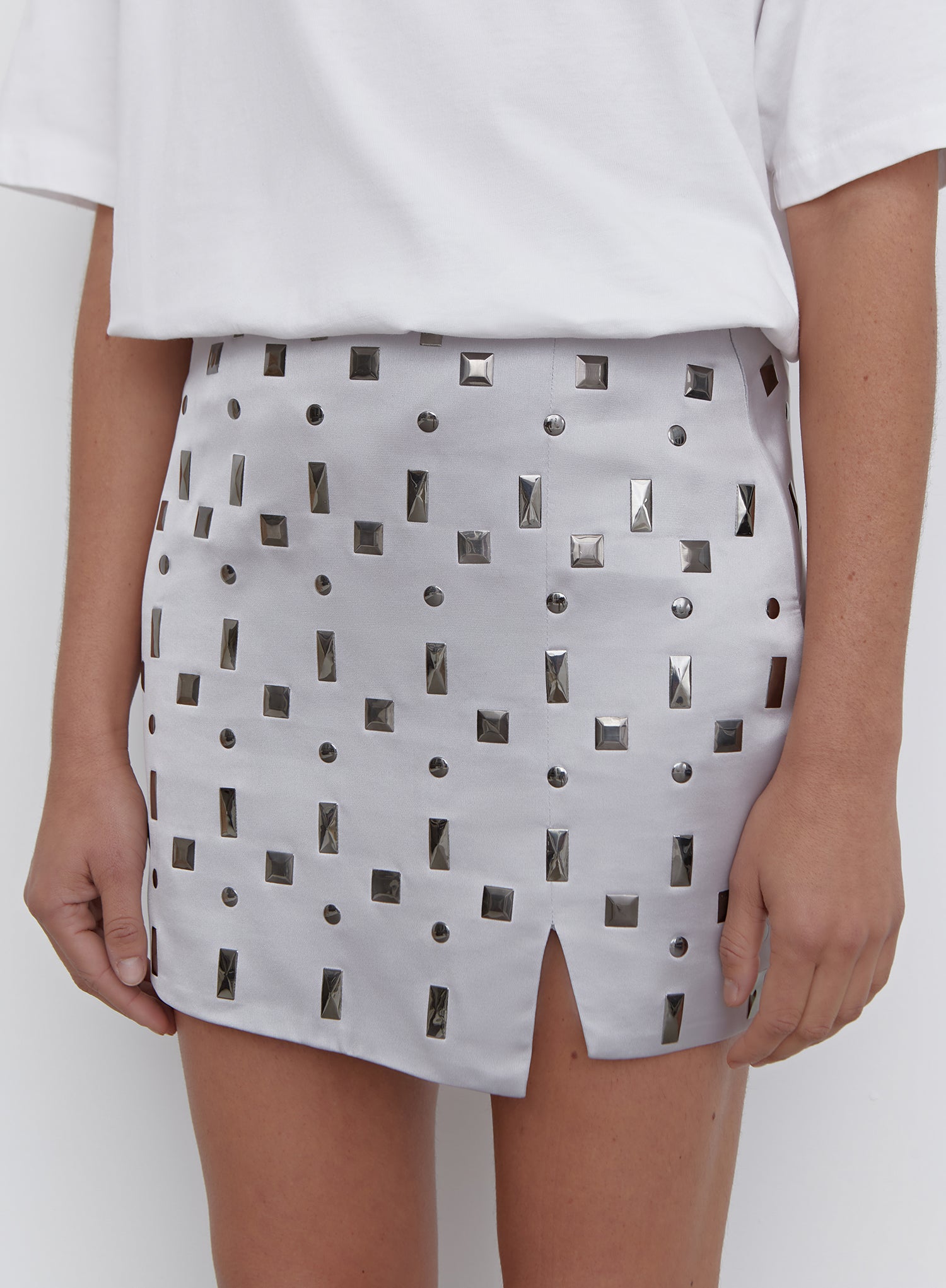 Silver Embellished Faux Leather Mini Skirt